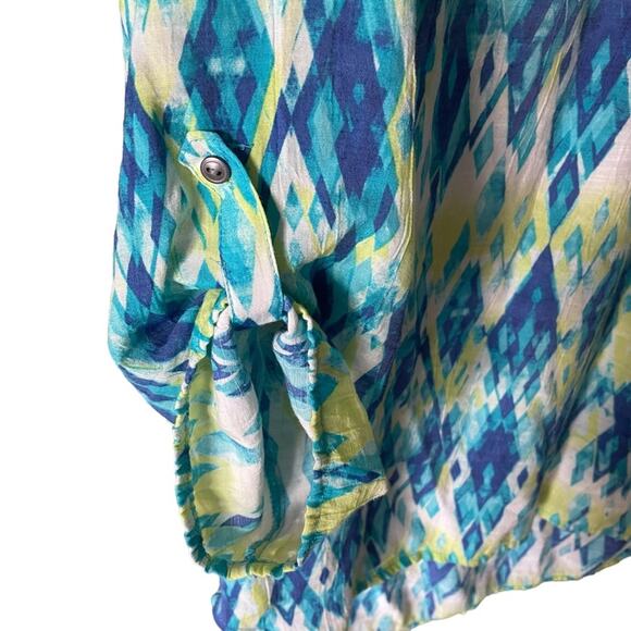 Kim Rogers Tunic Medium Shirt Blue Multi Color 3/4 Roll Tab Sleeves Aztec Summer - Picture 5 of 7